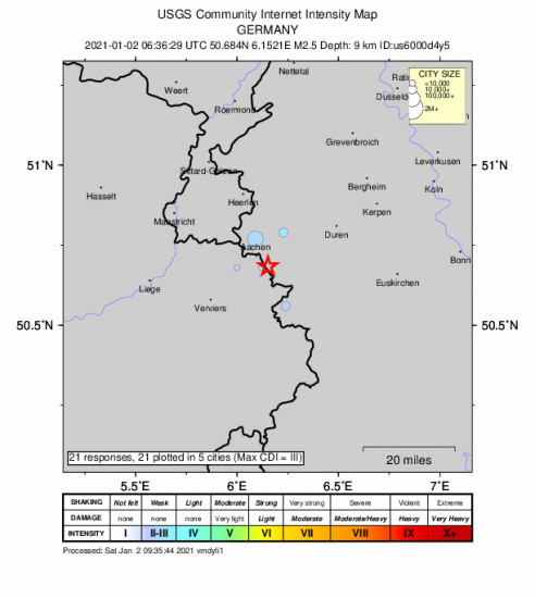 Community Internet Intensity Map for the Raeren, Belgium 2.5m Earthquake, Saturday Jan. 02 2021, 7:36:29 AM