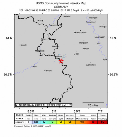 GEO Community Internet Intensity Map for the Raeren, Belgium 2.5m Earthquake, Saturday Jan. 02 2021, 7:36:29 AM