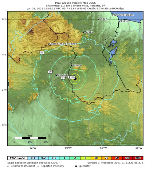 Peak Ground Velocity Map for the Lethem, Guyana 5.7m Earthquake, Sunday Jan. 31 2021, 3:05:15 PM