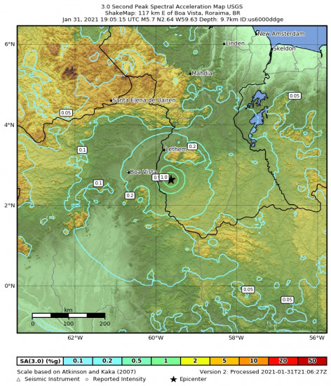 3 Second Peak Spectral Acceleration Map for the Lethem, Guyana 5.7m Earthquake, Sunday Jan. 31 2021, 3:05:15 PM