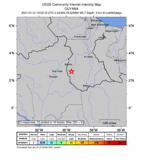 GEO Community Internet Intensity Map for the Lethem, Guyana 5.7m Earthquake, Sunday Jan. 31 2021, 3:05:15 PM