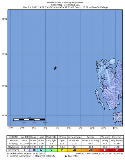 Macroseismic Intensity Map for the Longyearbyen, Svalbard And Jan Mayen 5.4m Earthquake, Tuesday Mar. 23 2021, 3:08:53 PM