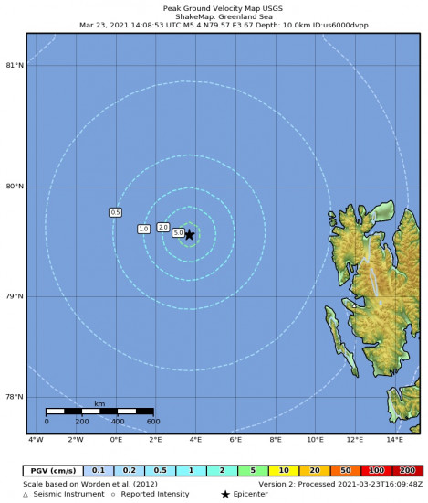 Peak Ground Velocity Map for the Longyearbyen, Svalbard And Jan Mayen 5.4m Earthquake, Tuesday Mar. 23 2021, 3:08:53 PM
