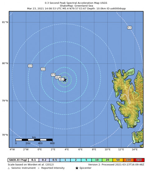 0.3 Second Peak Spectral Acceleration Map for the Longyearbyen, Svalbard And Jan Mayen 5.4m Earthquake, Tuesday Mar. 23 2021, 3:08:53 PM