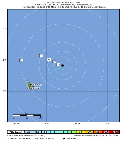 Peak Ground Velocity Map for the Crane, Barbados 5.5m Earthquake, Monday Mar. 29 2021, 2:35:09 AM