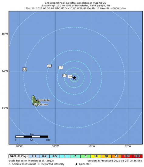 1 Second Peak Spectral Acceleration Map for the Crane, Barbados 5.5m Earthquake, Monday Mar. 29 2021, 2:35:09 AM