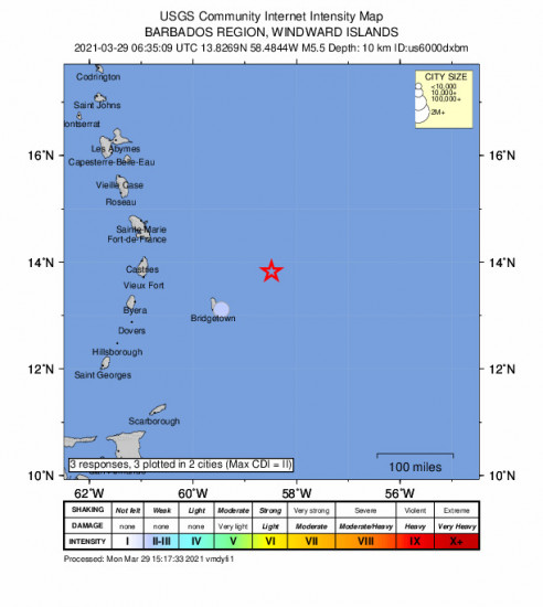 Community Internet Intensity Map for the Crane, Barbados 5.5m Earthquake, Monday Mar. 29 2021, 2:35:09 AM