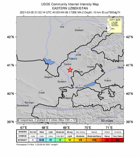 Community Internet Intensity Map for the Bo‘ka, Uzbekistan 4.2m Earthquake, Saturday Mar. 06 2021, 2:52:14 AM