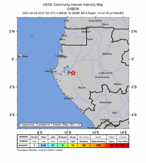 GEO Community Internet Intensity Map for the Fougamou, Gabon 5.4m Earthquake, Wednesday Mar. 10 2021, 12:07:56 AM