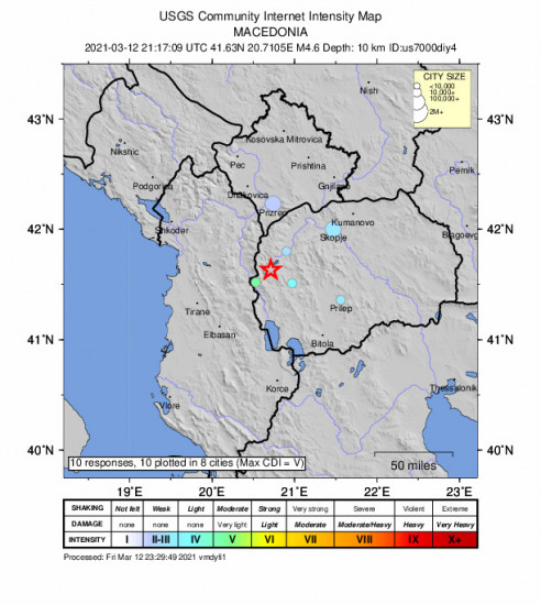 Community Internet Intensity Map for the Rostusa, North Macedonia 4.6m Earthquake, Friday Mar. 12 2021, 10:17:09 PM