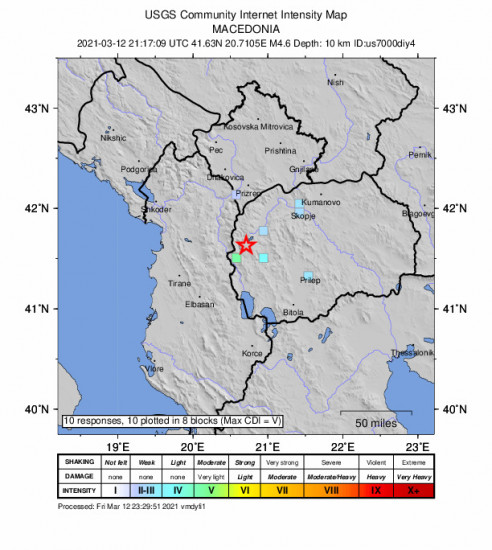 GEO Community Internet Intensity Map for the Rostusa, North Macedonia 4.6m Earthquake, Friday Mar. 12 2021, 10:17:09 PM
