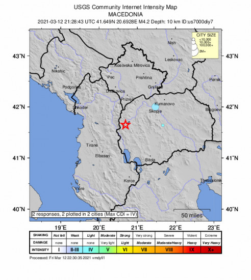 Community Internet Intensity Map for the Rostusa, North Macedonia 4.2m Earthquake, Friday Mar. 12 2021, 10:28:43 PM