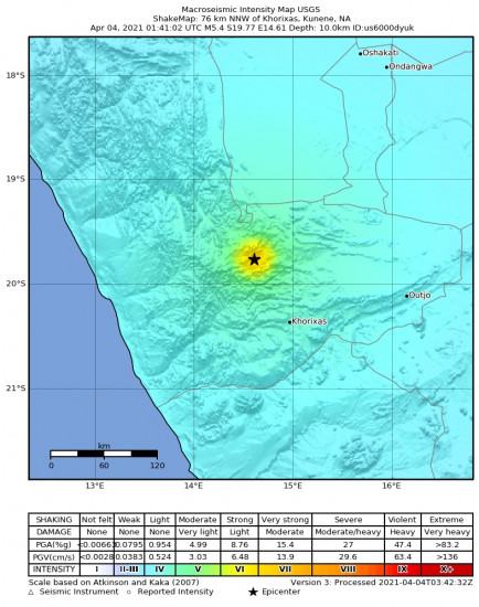 Macroseismic Intensity Map for the Khorixas, Namibia 5.4m Earthquake, Sunday Apr. 04 2021, 3:41:02 AM