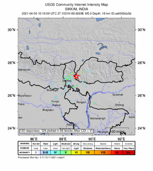 GEO Community Internet Intensity Map for the Samtse, Bhutan 5m Earthquake, Monday Apr. 05 2021, 9:19:59 PM