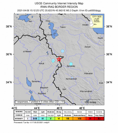 Community Internet Intensity Map for the Baynjiwayn, Iraq 5.3m Earthquake, Tuesday Apr. 06 2021, 6:12:25 PM