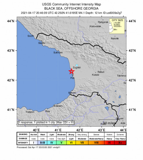 Community Internet Intensity Map for the P’ot’i, Georgia 4.1m Earthquake, Sunday Apr. 18 2021, 12:46:09 AM