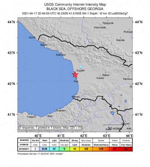 GEO Community Internet Intensity Map for the P’ot’i, Georgia 4.1m Earthquake, Sunday Apr. 18 2021, 12:46:09 AM