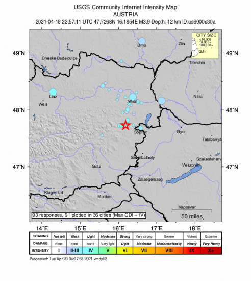 Community Internet Intensity Map for the Pitten, Austria 3.9m Earthquake, Tuesday Apr. 20 2021, 12:57:11 AM