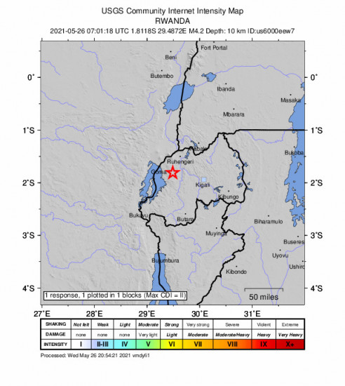 GEO Community Internet Intensity Map for the Gisenyi, Rwanda 4.2m Earthquake, Wednesday May. 26 2021, 9:01:18 AM