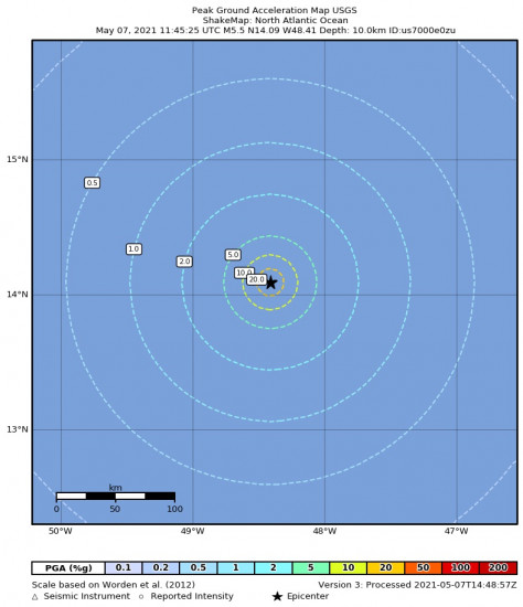 Peak Ground Acceleration Map for the North Atlantic Ocean 5.5m Earthquake, Friday May. 07 2021, 8:45:25 AM
