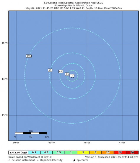 3 Second Peak Spectral Acceleration Map for the North Atlantic Ocean 5.5m Earthquake, Friday May. 07 2021, 8:45:25 AM