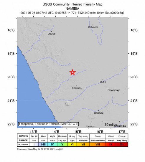 GEO Community Internet Intensity Map for the Namibia 4.9m Earthquake, Monday May. 24 2021, 10:27:42 AM