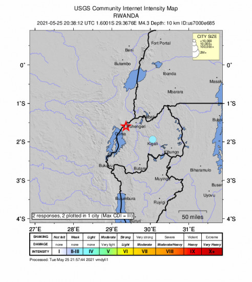 Community Internet Intensity Map for the Gisenyi, Rwanda 4.3m Earthquake, Tuesday May. 25 2021, 10:38:12 PM