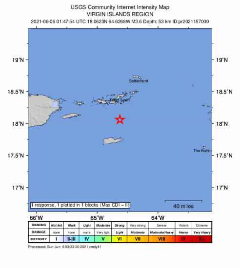 GEO Community Internet Intensity Map for the Cruz Bay, U.s. Virgin Islands 3.59m Earthquake, Saturday Jun. 05 2021, 9:47:54 PM