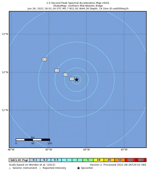 1 Second Peak Spectral Acceleration Map for the Northern Mid-atlantic Ridge 5.7m Earthquake, Saturday Jun. 26 2021, 3:01:24 PM