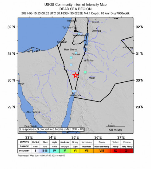 GEO Community Internet Intensity Map for the Aţ Ţayyibah, Jordan 4.1m Earthquake, Wednesday Jun. 16 2021, 2:08:52 AM
