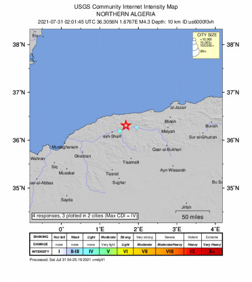 Community Internet Intensity Map for the El Abadia, Algeria 4.3m Earthquake, Saturday Jul. 31 2021, 3:01:45 AM