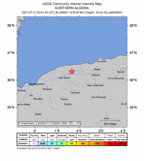 GEO Community Internet Intensity Map for the El Abadia, Algeria 4.3m Earthquake, Saturday Jul. 31 2021, 3:01:45 AM