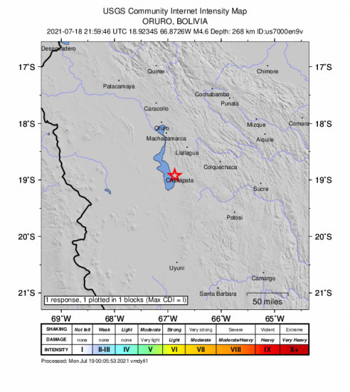 GEO Community Internet Intensity Map for the Challapata, Bolivia 4.6m Earthquake, Sunday Jul. 18 2021, 5:59:46 PM