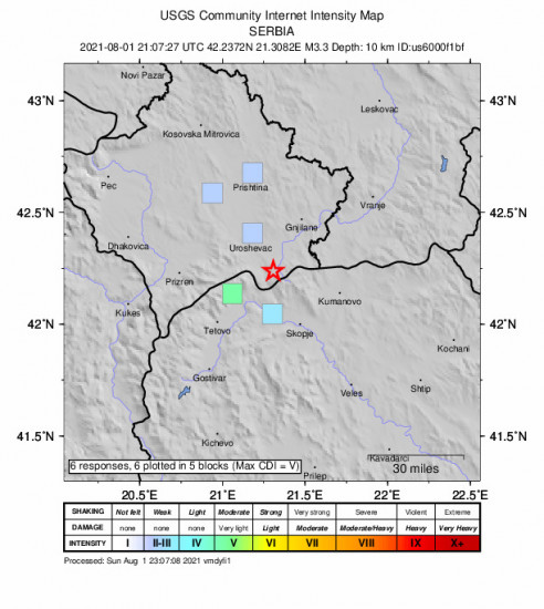 GEO Community Internet Intensity Map for the Kačanik, Kosovo 3.3m Earthquake, Sunday Aug. 01 2021, 11:07:27 PM