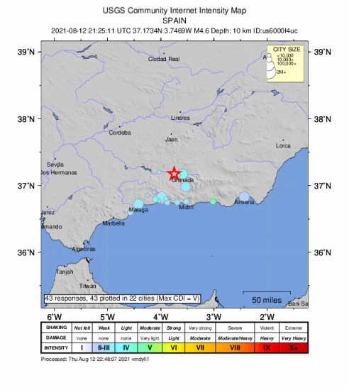 Community Internet Intensity Map for the Santafé, Spain 4.6m Earthquake, Thursday Aug. 12 2021, 11:25:11 PM