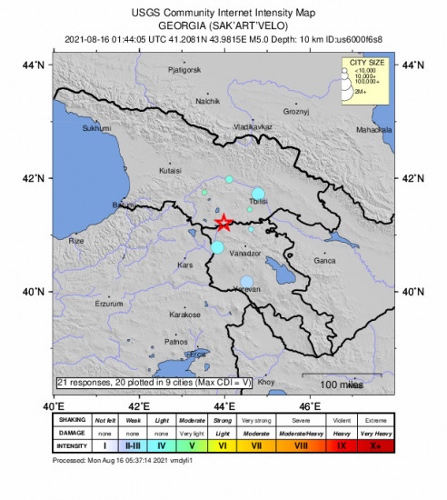 Community Internet Intensity Map for the Metsavan, Armenia 5m Earthquake, Monday Aug. 16 2021, 5:44:05 AM