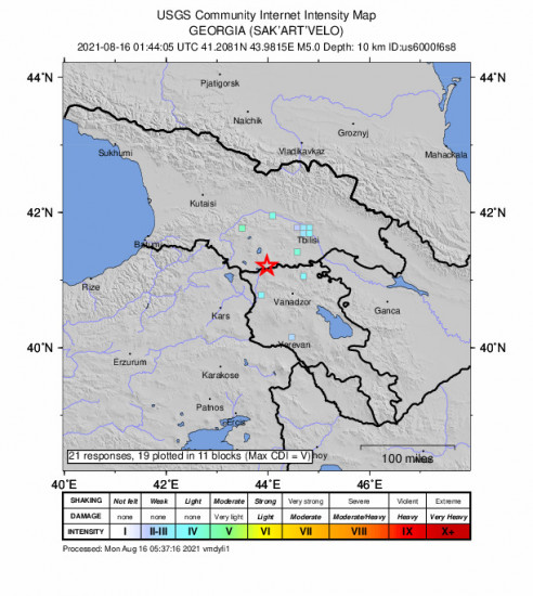 GEO Community Internet Intensity Map for the Metsavan, Armenia 5m Earthquake, Monday Aug. 16 2021, 5:44:05 AM