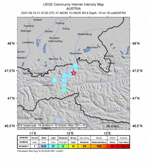 GEO Community Internet Intensity Map for the Niederau, Austria 3.8m Earthquake, Monday Aug. 16 2021, 11:15:39 PM