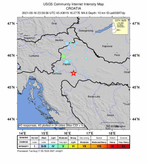Community Internet Intensity Map for the Petrinja, Croatia 4.6m Earthquake, Tuesday Aug. 17 2021, 1:58:56 AM