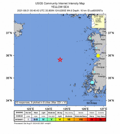 Community Internet Intensity Map for the Sinan, South Korea 4.6m Earthquake, Saturday Aug. 21 2021, 9:40:43 AM