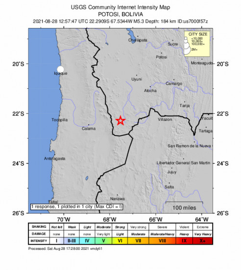 Community Internet Intensity Map for the San Pedro De Atacama, Chile 5.3m Earthquake, Saturday Aug. 28 2021, 8:57:47 AM