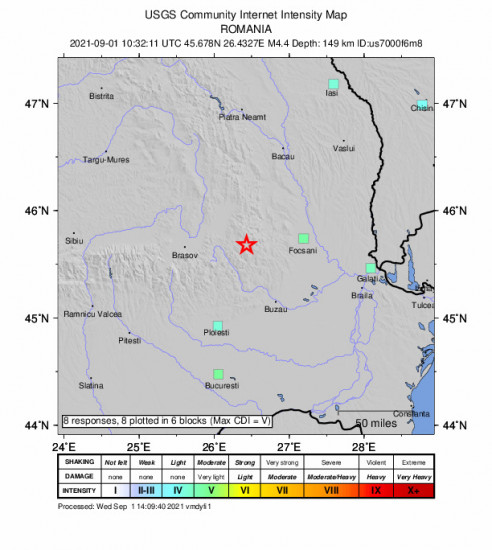 GEO Community Internet Intensity Map for the Comandău, Romania 4.4m Earthquake, Wednesday Sep. 01 2021, 1:32:11 PM