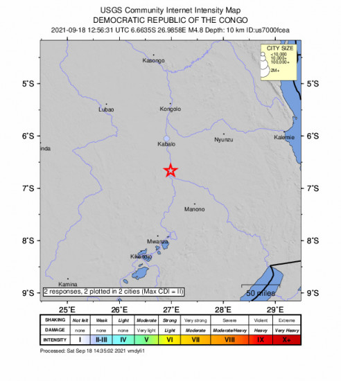 Community Internet Intensity Map for the Kabalo, Democratic Republic  4.8m Earthquake, Saturday Sep. 18 2021, 2:56:31 PM