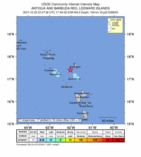 Community Internet Intensity Map for the Codrington, Antigua And Barbuda 4.9m Earthquake, Saturday Oct. 23 2021, 6:47:26 PM