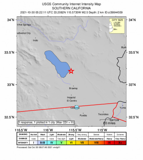 Community Internet Intensity Map for the Niland, Ca 2.46m Earthquake, Friday Oct. 29 2021, 10:22:11 PM