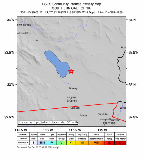 GEO Community Internet Intensity Map for the Niland, Ca 2.46m Earthquake, Friday Oct. 29 2021, 10:22:11 PM
