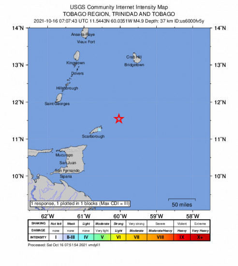 GEO Community Internet Intensity Map for the Scarborough, Trinidad And Tobago 4.9m Earthquake, Saturday Oct. 16 2021, 3:07:43 AM