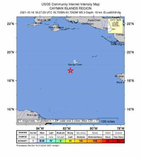 Community Internet Intensity Map for the George Town, Cayman Islands 5.3m Earthquake, Saturday Oct. 16 2021, 1:27:29 PM