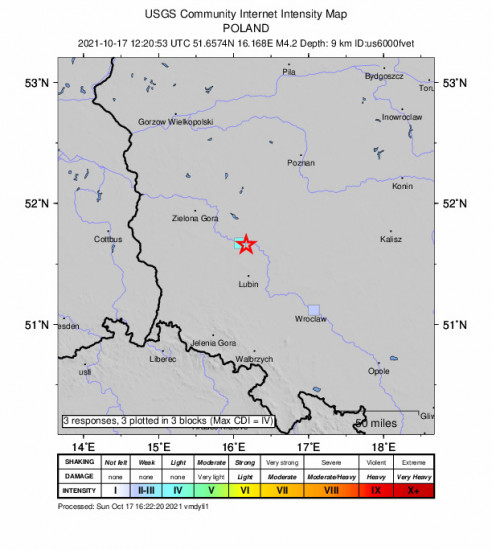GEO Community Internet Intensity Map for the Głogów, Poland 4.2m Earthquake, Sunday Oct. 17 2021, 2:20:53 PM