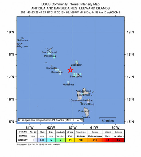 GEO Community Internet Intensity Map for the Saint John’s, Antigua And Barbuda 4.6m Earthquake, Saturday Oct. 23 2021, 6:47:27 PM